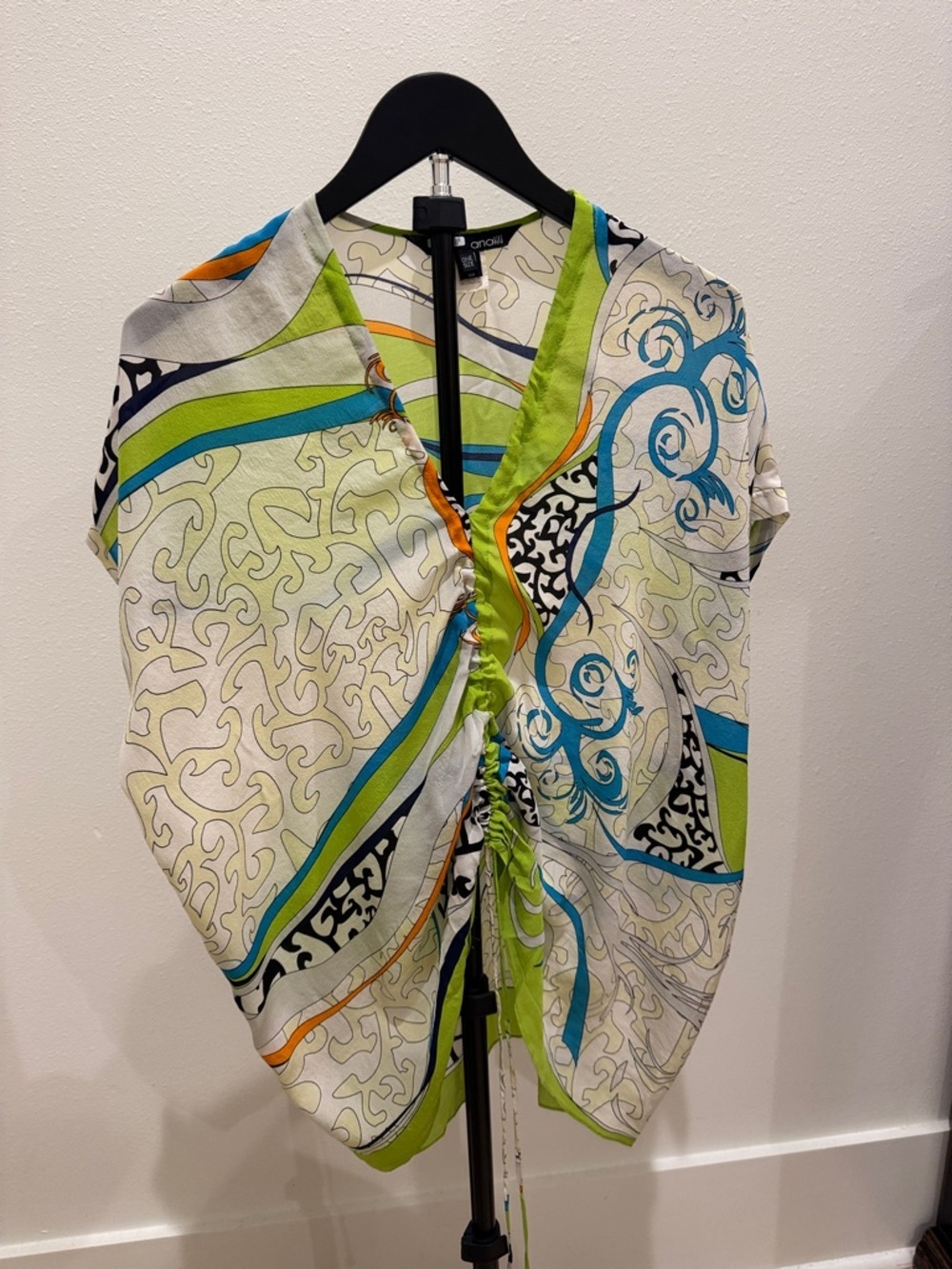 Analili Lime, Blue & Orange Abstract Ruched V-Neck Tunic